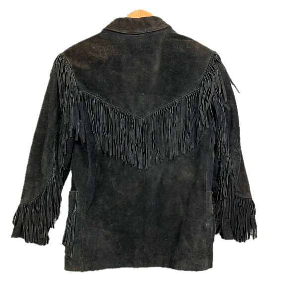 Vintage Suede Fringe Jacket‎ Mens Medium Black Genuine Leather Western Boho 80s - Picture 2 of 6